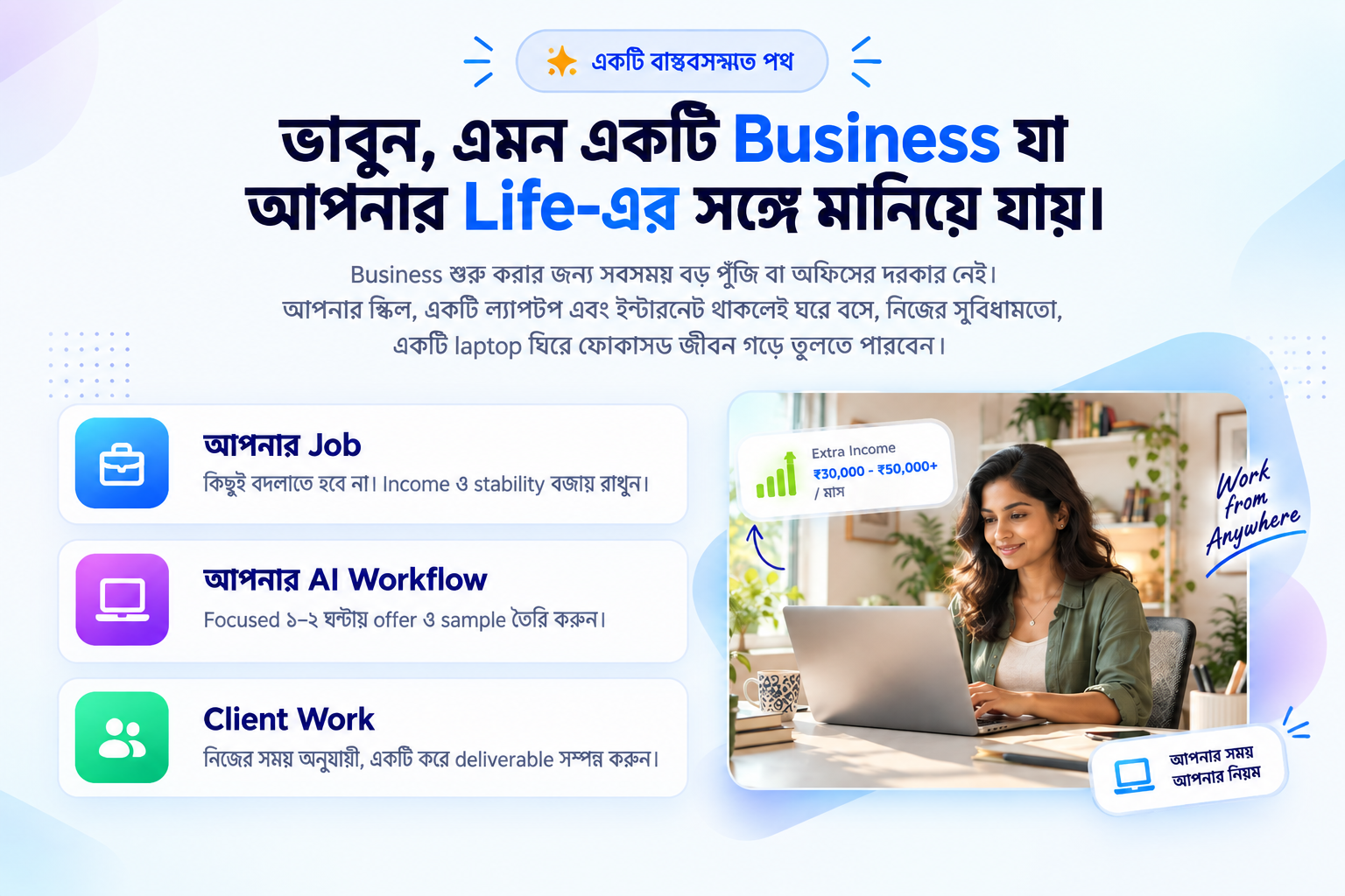 ভাবুন, এমন একটি Business যা আপনার Life-এর সঙ্গে মানিয়ে যায় — আপনার Job, আপনার AI Workflow, Client Work